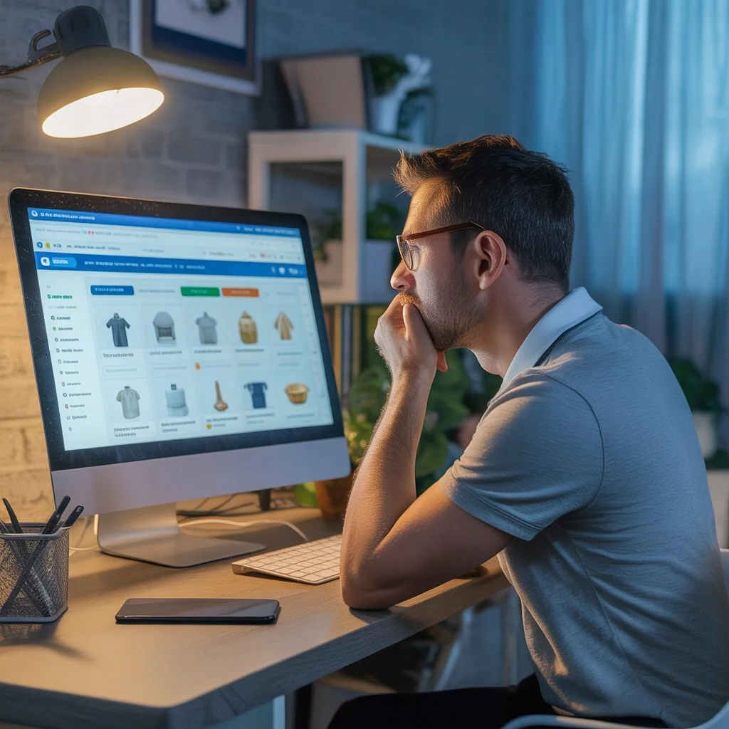 Entrepreneur evaluating Tradelle dropshipping supplier with curiosity.