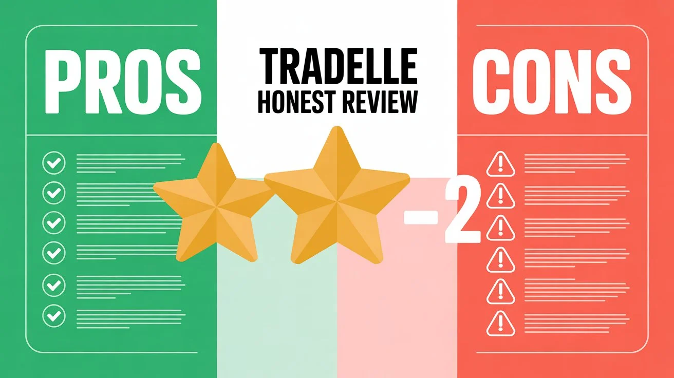 Tradelle review pros and cons 2026 – clean infographic showing green pros with checkmarks on the left and amber cons with caution icons on the right, with a 4.5-star rating badge