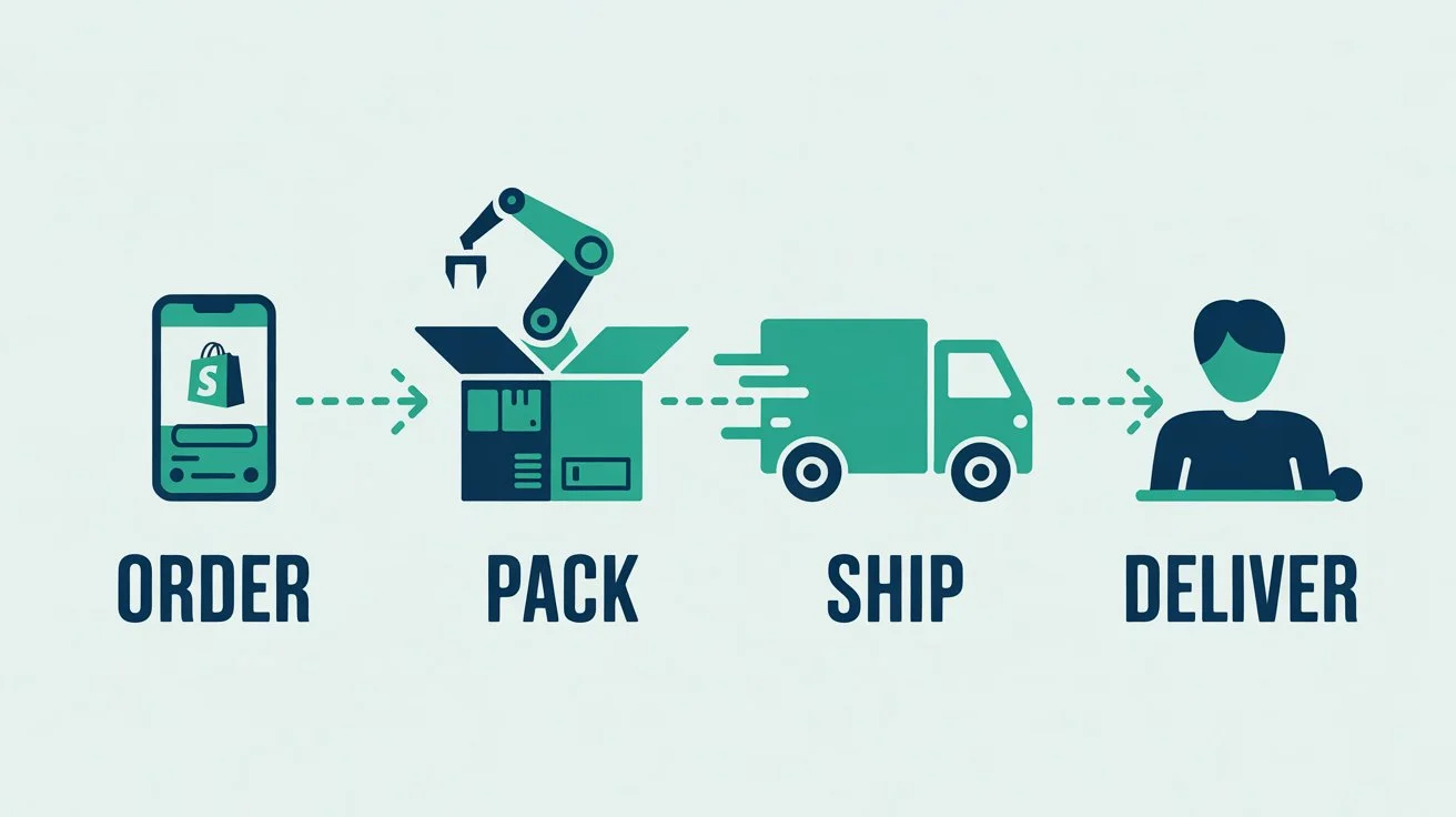 Tradelle automated dropshipping order fulfillment – flat vector illustration showing the full flow from Shopify order to warehouse packing to customer delivery
