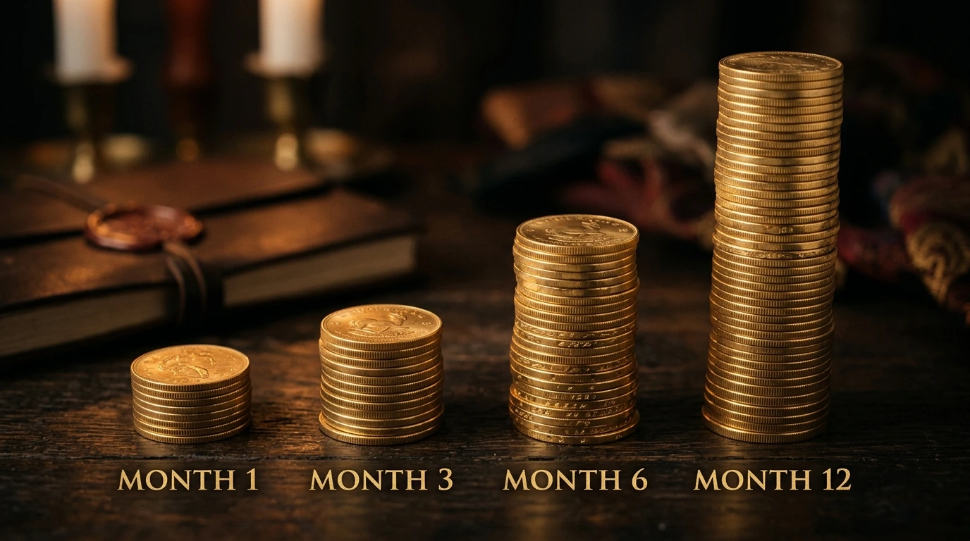 Sellvia Dropshipping Income Growth Timeline – Month by Month Earnings Sellvia dropshipping realistic income growth chart – golden coins rising from month 1 to month 12 showing earning potential for beginners
