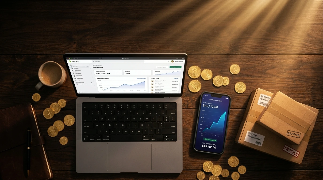 Sellvia Dropshipping Review 2026 – Online Store Dashboard Sellvia dropshipping review 2026 – laptop showing online store dashboard with gold coins representing income for beginners