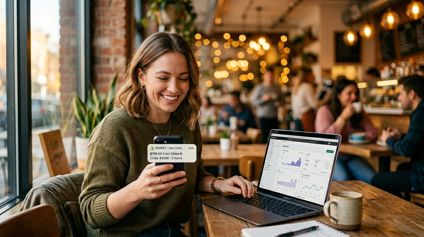 Sellvia Dropshipping Side Income – Work From Anywhere and Earn Online Successful Sellvia dropshipping seller smiling while working on laptop – earning side income online from anywhere in 2026