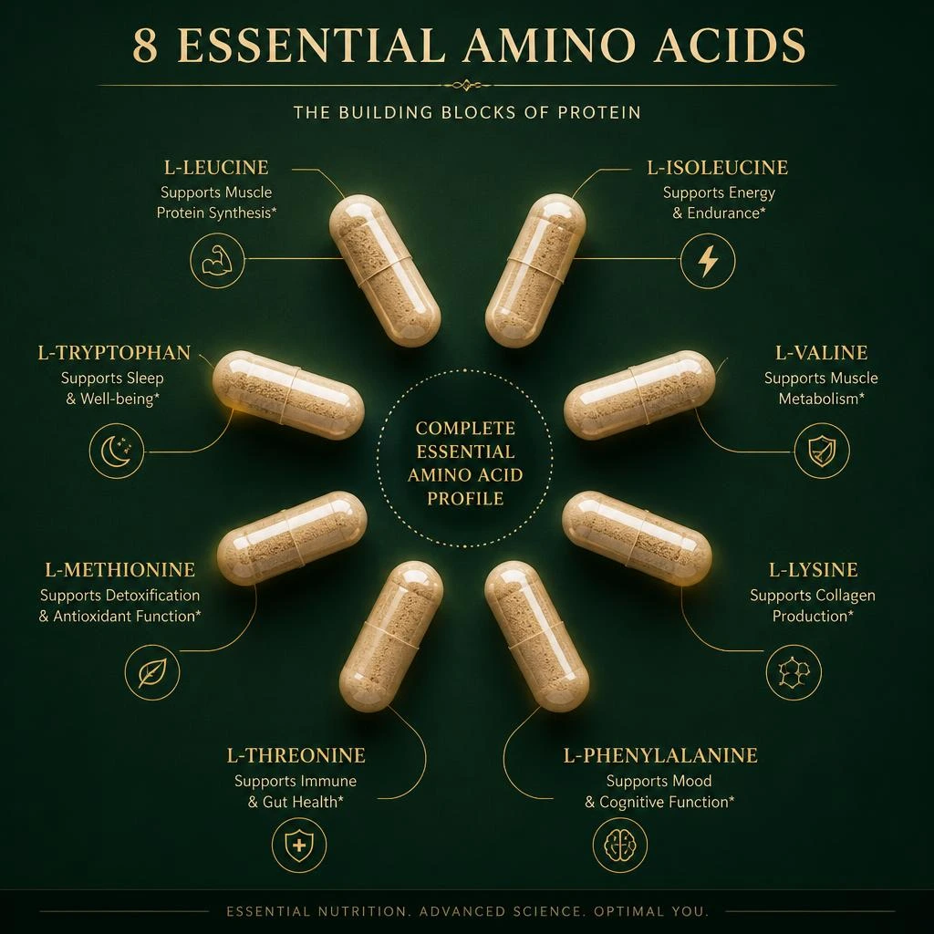 8 Essential Amino Acids in Advanced Amino Formula 8 essential amino acid capsules — the core ingredients in Advanced Amino Formula for muscle mass loss