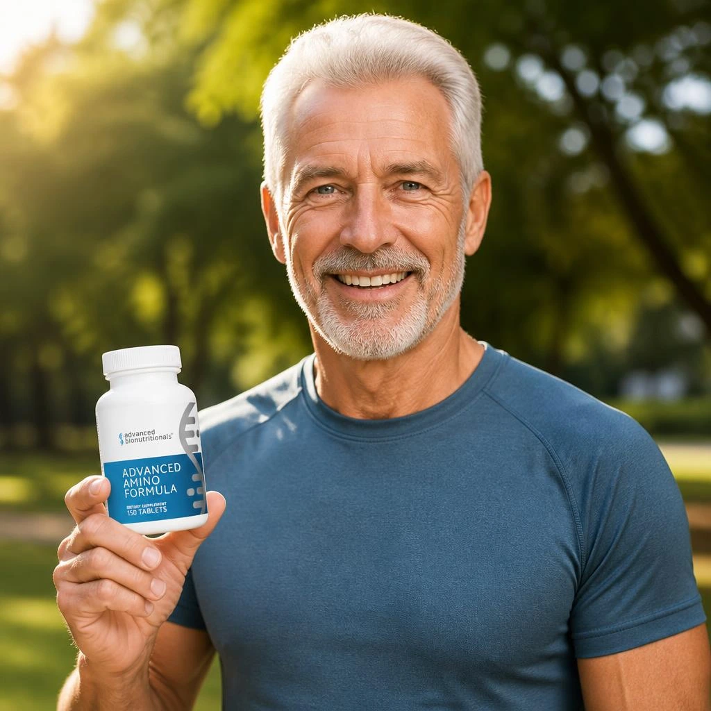 Active healthy man in his 60s — Advanced Amino Formula for muscle mass loss helps men maintain strength