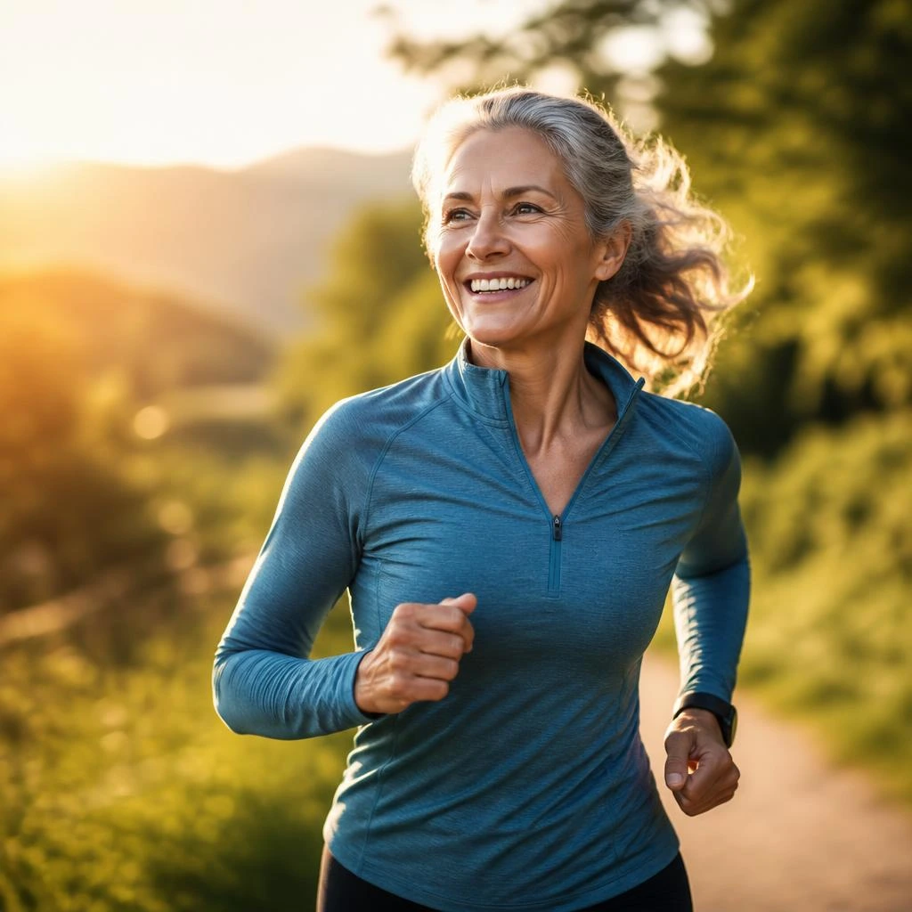 Advanced Amino Formula for Muscle Mass Loss — Restored Energy and Vitality Energetic woman in her 50s jogging outdoors — results of using Advanced Amino Formula for muscle mass loss