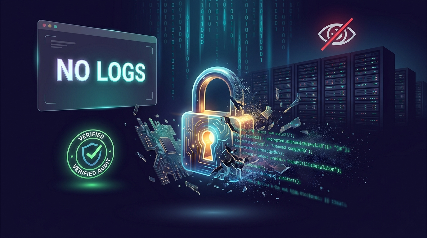 NordVPN no-logs policy — encrypted padlock with data fragments representing independently audited zero-logs VPN by Deloitte and PwC
