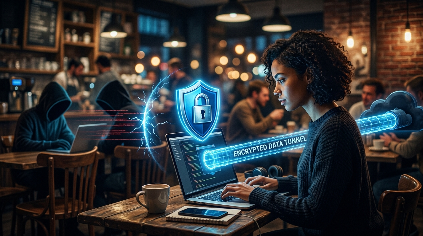 Using NordVPN on public Wi-Fi in a coffee shop — VPN shield encrypting laptop connection to block hackers on open networks