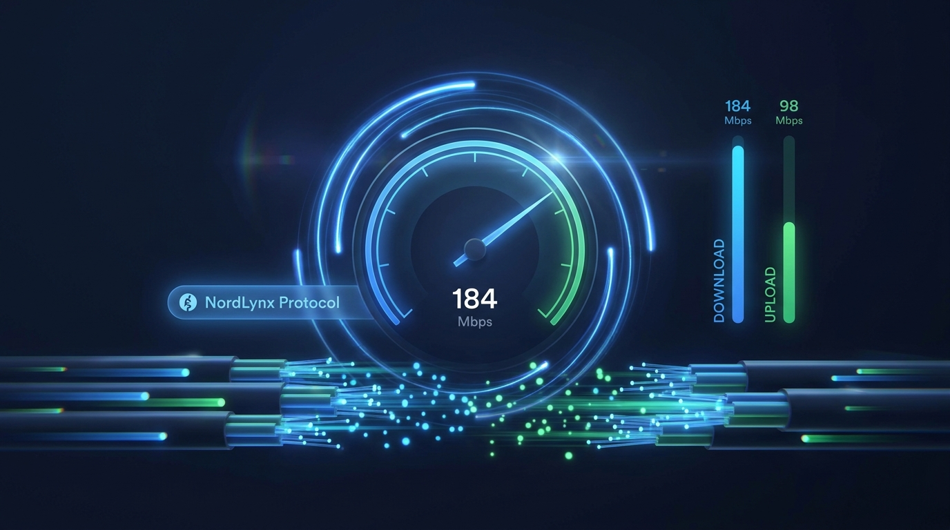 NordVPN speed test results showing 184 Mbps on NordLynx protocol — under 10% speed drop from 200 Mbps baseline