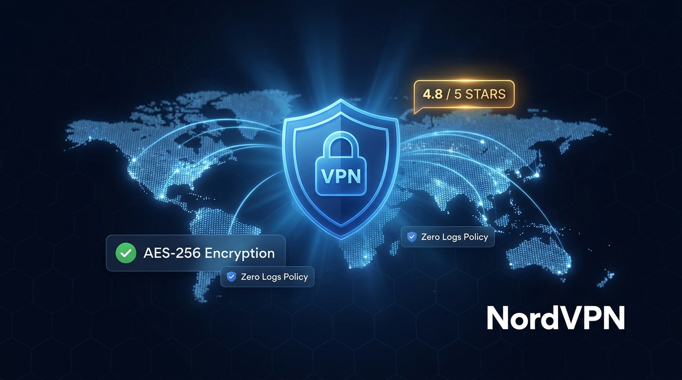 NordVPN Review 2026 — VPN shield icon on world map showing global server network and 4.8-star security rating