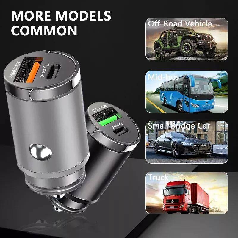 100W Dual-Core Mini Car Charger: USB Type-C & QC3.0 Fast Charging for Phones 100W Dual-Core Mini Car Charger: USB Type-C & QC3.0 Fast Charging for Phones