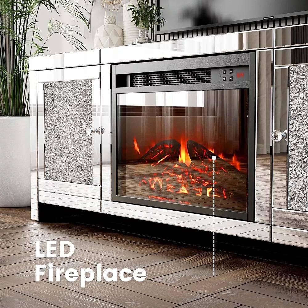 Mirrored Fireplace TV Stand with Crushed Diamonds & LED Flame – 50″ TV Console Mirrored Fireplace TV Stand with Crushed Diamonds & LED Flame – 50