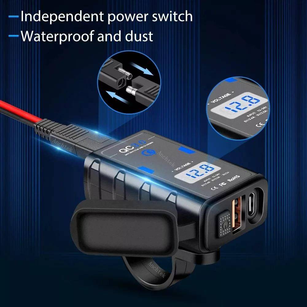 Waterproof QC3.0 Type C Motorcycle USB Charger with Voltmeter 6.4A 12V Waterproof QC3.0 Type C Motorcycle USB Charger with Voltmeter 6.4A 12V