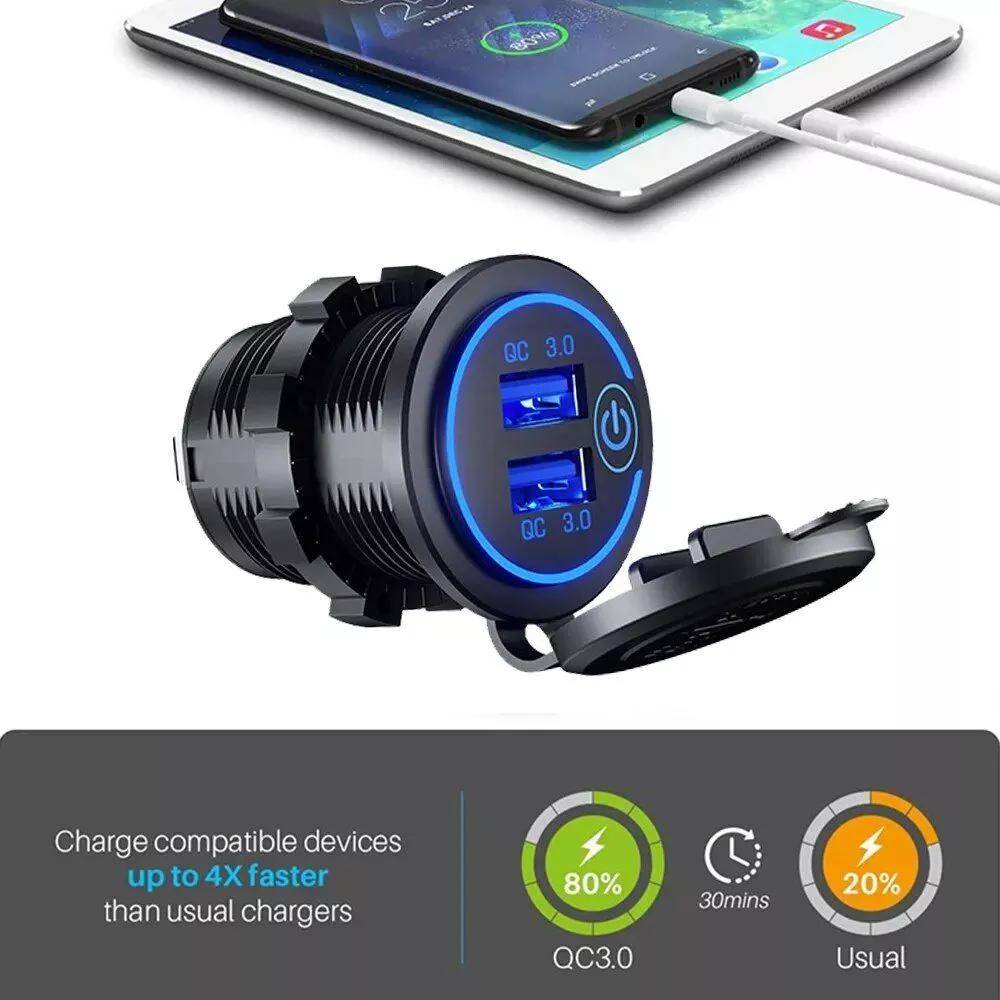 Quick Charge 3.0 Waterproof Dual USB Car Charger with LED Touch Switch Quick Charge 3.0 Waterproof Dual USB Car Charger with LED Touch Switch